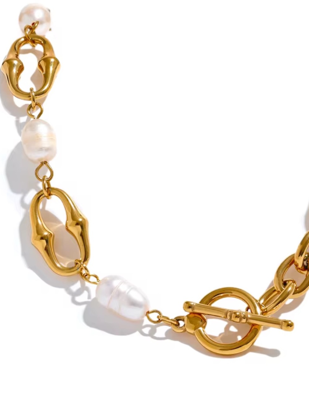 Gold Pearl Link Necklace - Elegant Bar Toggle Closure